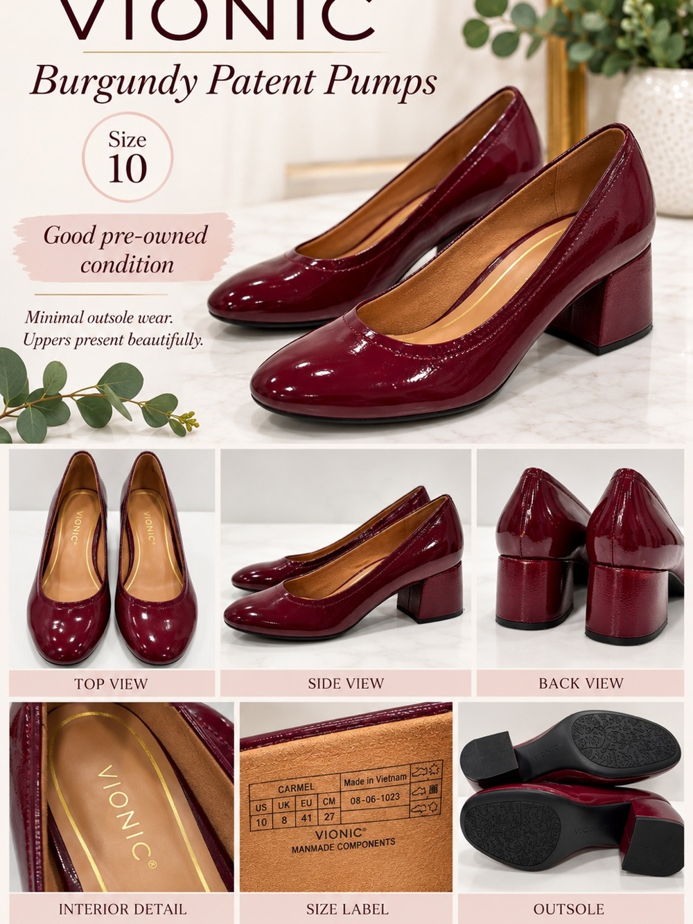 Vionic Burgundy Patent Block Heel Pumps — Women’s Size 10